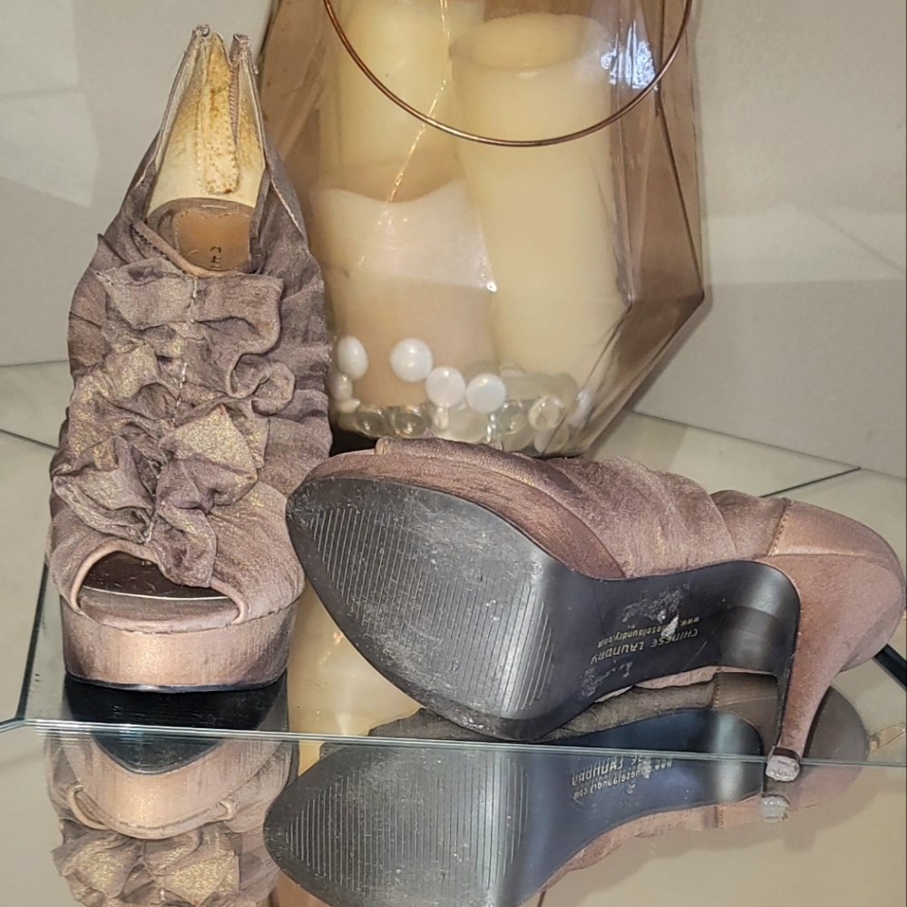 Brown with gold tone ruffle ankle boot